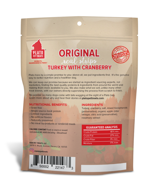 Plato Holiday Original Real Strips Turkey & Cranberry Dog Treats, 6-oz